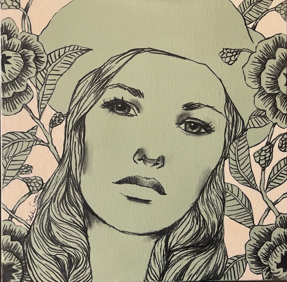 Portrait féminin entouré de motifs floraux, dans les tons vert olive et rose, œuvre de Delphine Cossais