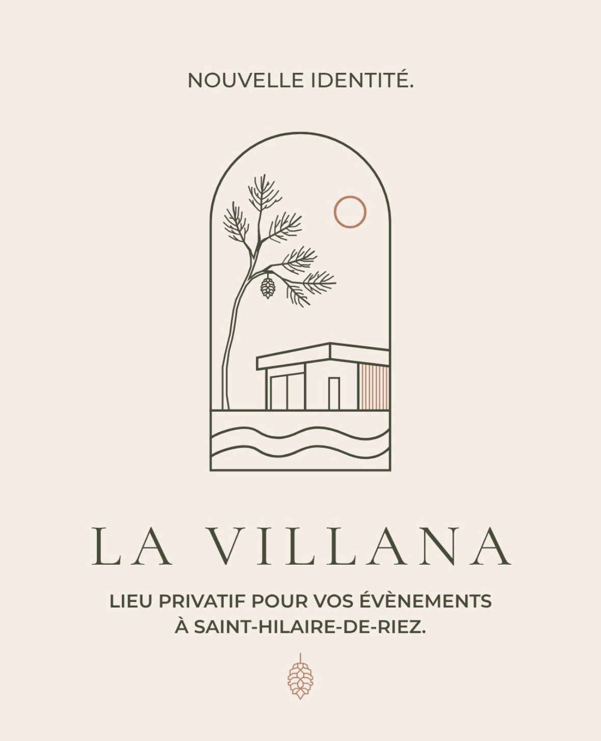 La Villana : identité visuelle aux tons ivoire et olive, avec une maison, un pin et les vagues, à Saint-Hilaire-de-Riez